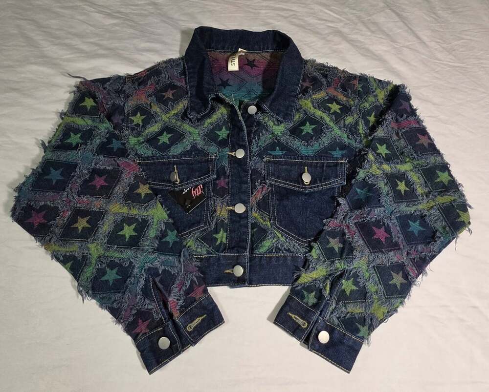 Style Usa Jean Jacket Size S/M Multi Star Distressed Cropped Denim